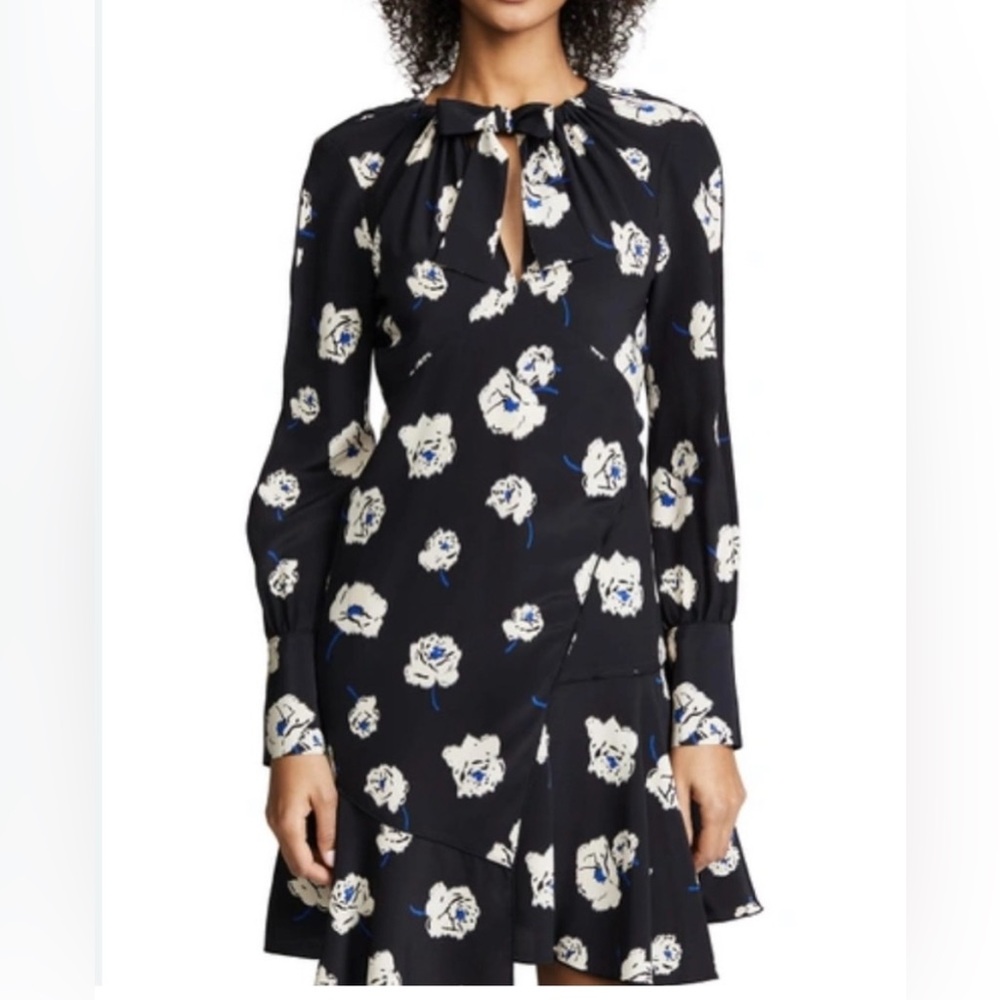 10 Crosby Derek Lam Floral Silk Print Long Sleeve Front Tie Dress Size 6 Bow